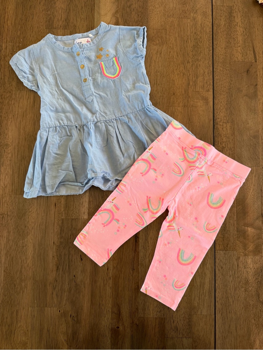 Freestyle Light Blue Top with Pink Rainbow Leggings Set